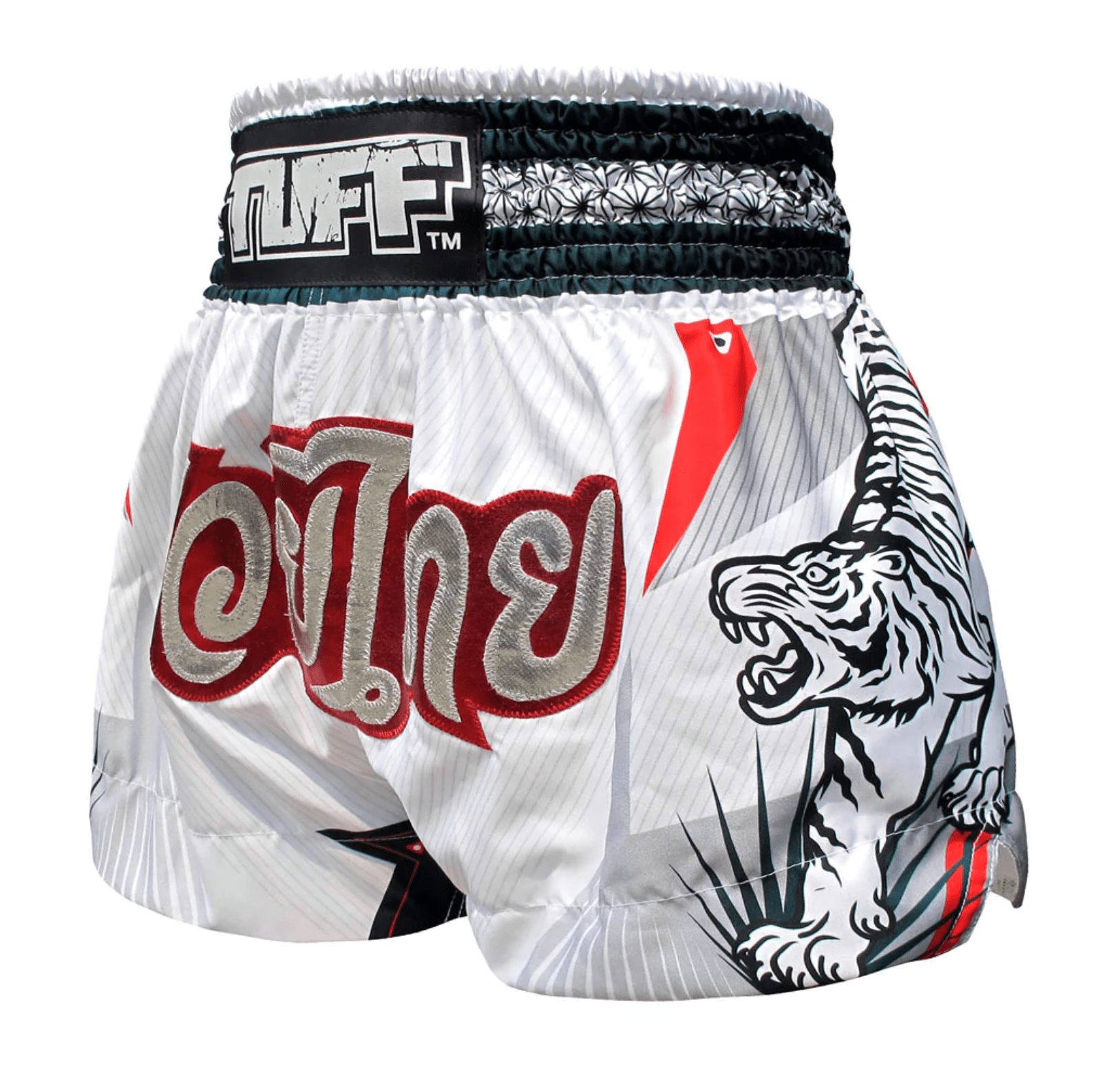 spodenki-treningowe-muay-thai-biale-kickboxing-mma-tuff-tiger-m spodenki treningowe tuff tajlandia muay thai kickboxing mma S M L XL
