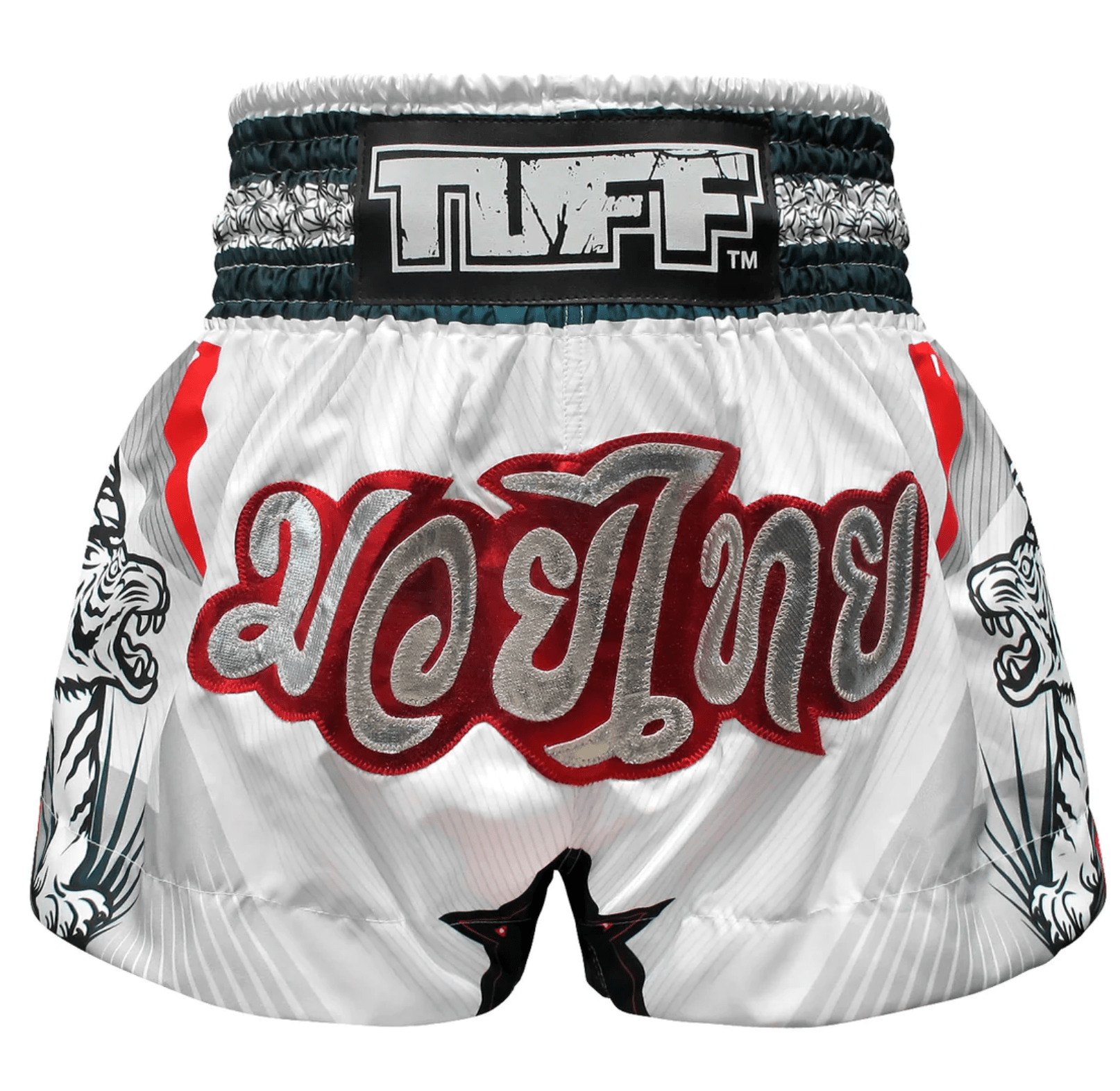 spodenki-treningowe-muay-thai-biale-kickboxing-mma-tuff-tiger-s spodenki treningowe tuff tajlandia muay thai kickboxing mma S M L XL