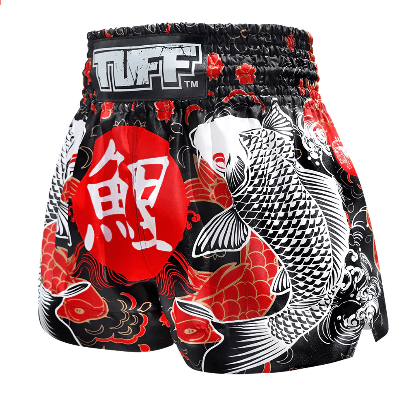 spodenki-treningowe-muay-thai-czarne-czerwone-kickboxing-mma-tuff-koi-fish-m spodenki treningowe tuff tajlandia muay thai kickboxing mma S M L XL