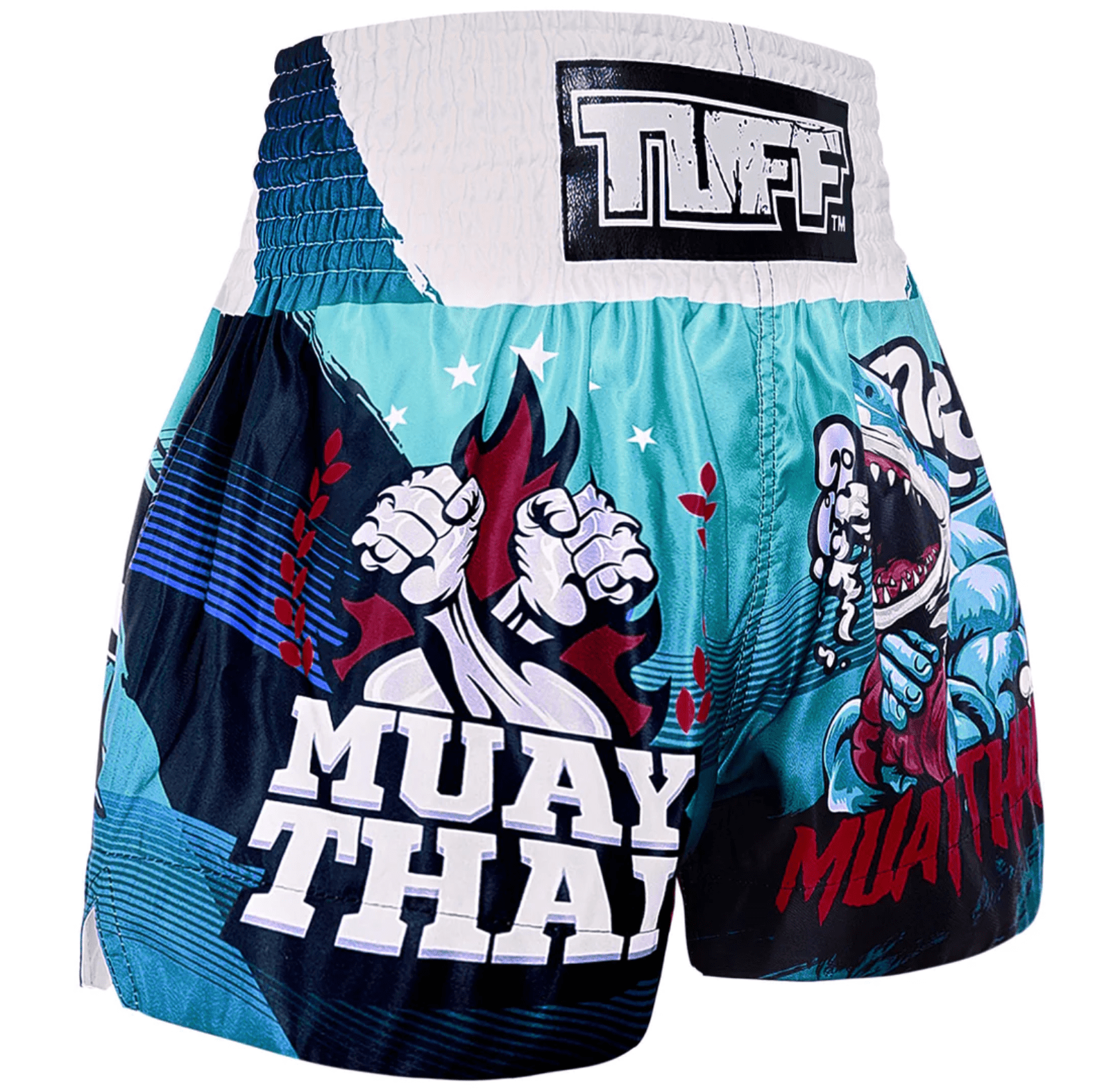 spodenki-treningowe-muay-thai-niebieskie-kickboxing-mma-tuff-fighting-shark-fish-xl spodenki treningowe tuff tajlandia muay thai kickboxing mma S M L XL