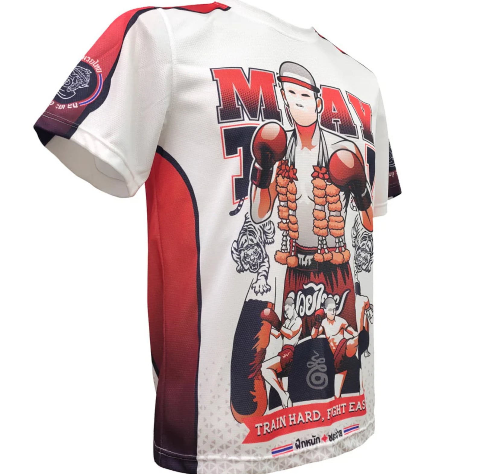 koszulka-treningowa-muay-thai-biala-czerwona-kickboxing-mma-thai-train-hard-fight-easy-l