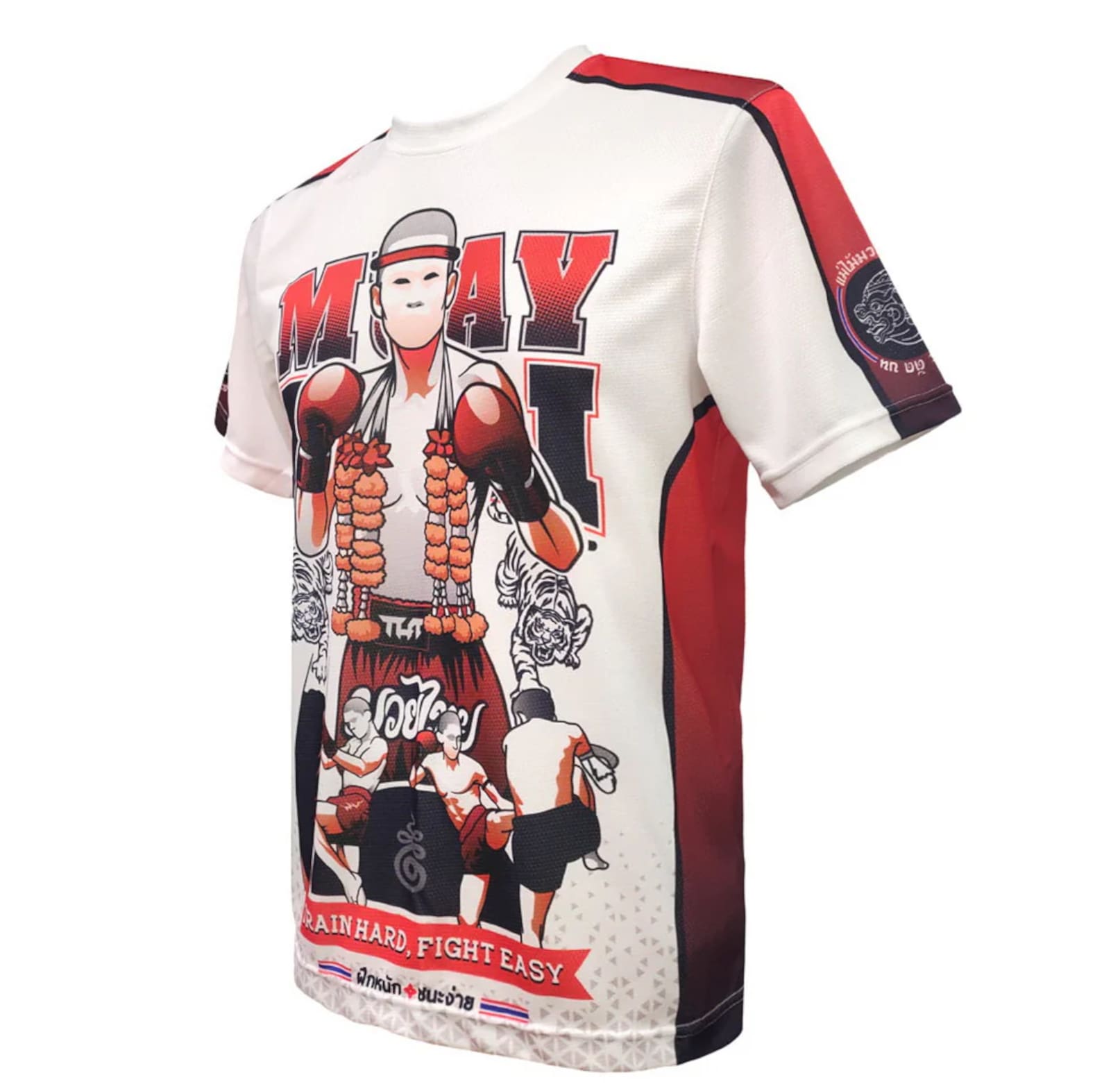 koszulka-treningowa-muay-thai-biala-czerwona-kickboxing-mma-thai-train-hard-fight-easy-m
